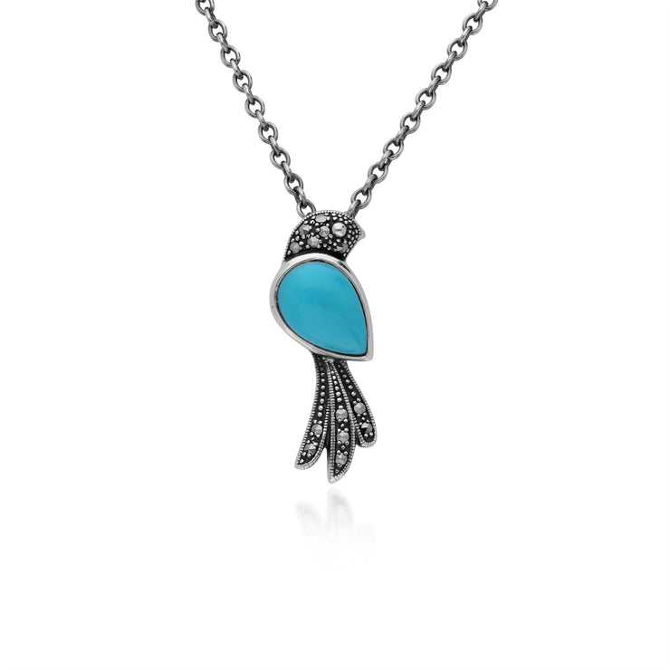 Turquoise Collier, Argent Sterling 1 Carat Turquoise & 0,11 CT Marcassite Oiseaux 45cm Collier