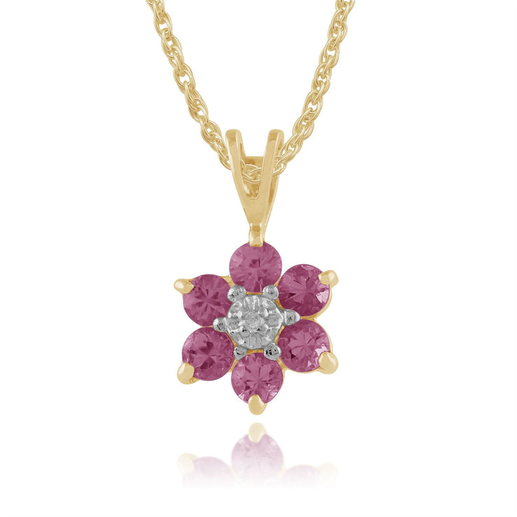 Pendentif et Boucles d'Oreilles Clou Floral Or Jaune 375 Saphir Rose et Diamant