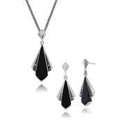 Pendentif et Boucles d'Oreilles Pendantes Eventail Style Art Déco Argent 925 Onyx Noire et Marcassite Ronde
