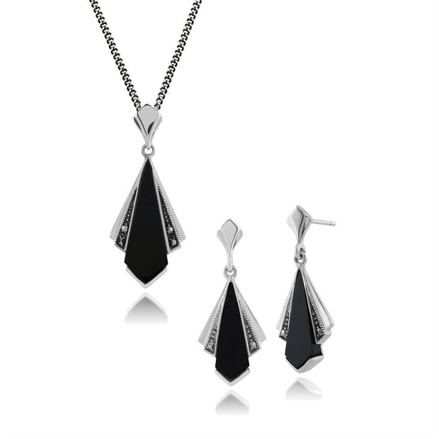 Pendentif et Boucles d'Oreilles Pendantes Eventail Style Art Déco Argent 925 Onyx Noire et Marcassite Ronde