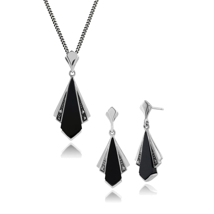 Pendentif et Boucles d'Oreilles Pendantes Eventail Style Art Déco Argent 925 Onyx Noire et Marcassite Ronde