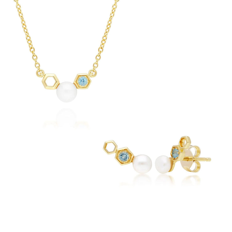 Boucles d'Oreilles Clou et Collier Perle Moderne Or Jaune 375 Topaze Bleue et Perle