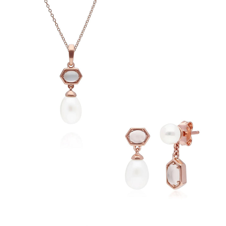 Boucles d'Oreilles et Pendentif Perle Moderne Argent 925 Plaqué Or Rose Opale et Perle