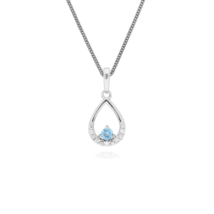 9 ct or Blanc Unique Topaze Bleu et Diamant Poire Pendentif sur 45cm Chaîne