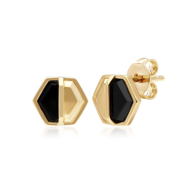 Boucles d'Oreilles Mini Clou Hexagone Asymétrique Argent 925 Plaqué Or Onyx