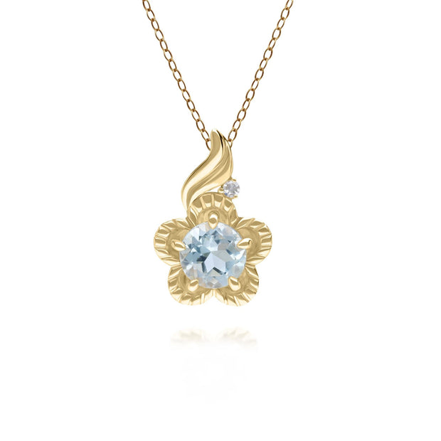 Pendentif Floral Or Jaune 375 avec Topaze Bleu et Diamant Ronds