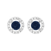 Boucles d'Oreilles Clou Saphir Bleu Classique Or Blanc 375 et Ear-Jacket Rond Diamant