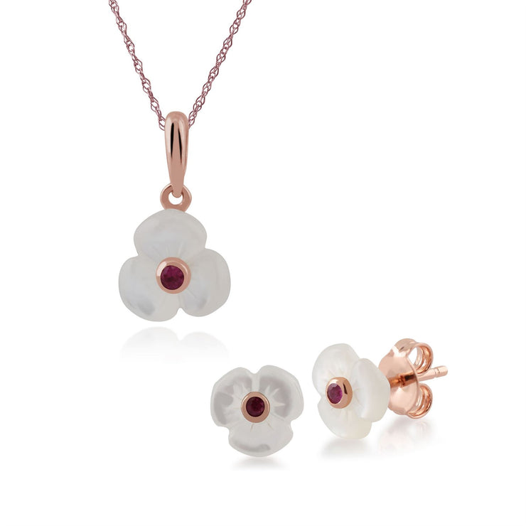 Pendentif et Boucles d'Oreilles Clou Marguerite Floral Argent 925 Plaqué Or Rose Rubis et Nacre