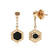 Boucles d'Oreilles Pendantes Flat Slice Hexagone Argent 925 Plaqué Or Onyx Noire