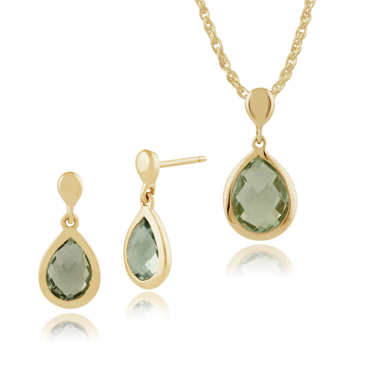 Pendentif et Boucles d'Oreilles Pendantes Classique Or Jaune 375  Quartz Vert Poire Serti Clos