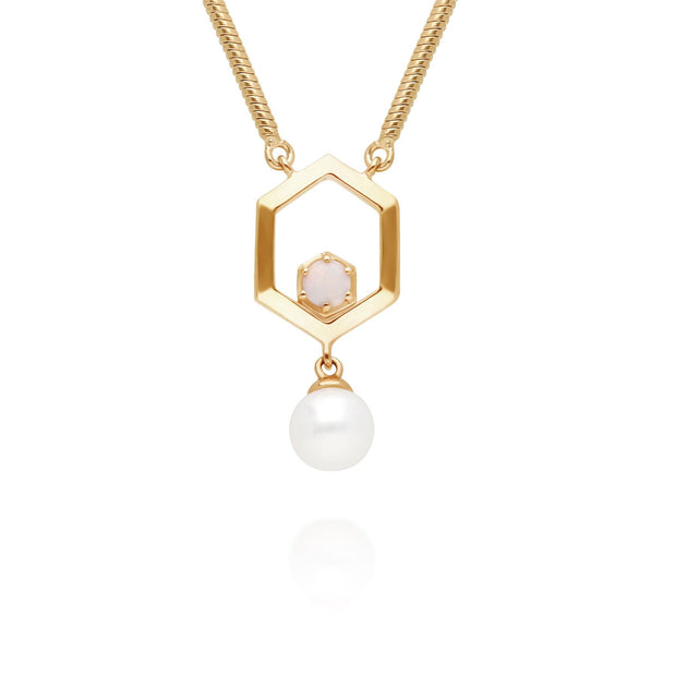 Collier Perle Moderne Hexagone Argent 925 Plaqué Or Perle et Opale