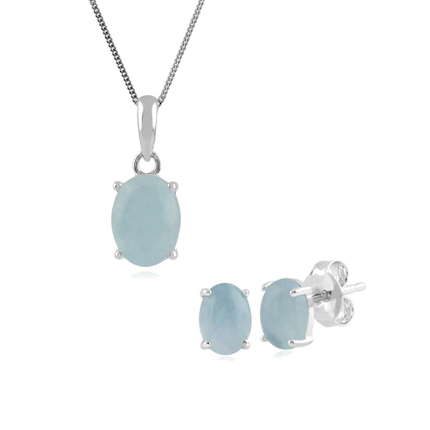 Boucles d'Oreilles Clou et Pendentif Classique Argent 925 Aigue-Marine Opaque Oval