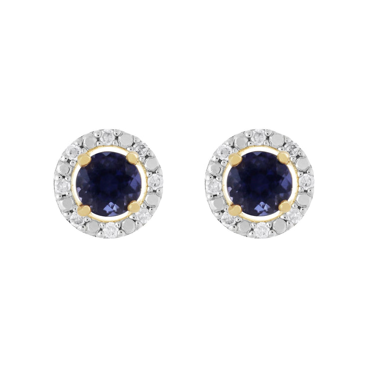 Boucles d'Oreilles Clou Iolite Classique Or Jaune 375 et Ear-Jacket Rond Diamant