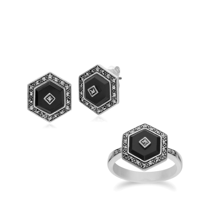 Bague et Boucles d'Oreilles Clou Hexagone Style Art Déco Argent 925 Onyx Noire et Marcassite