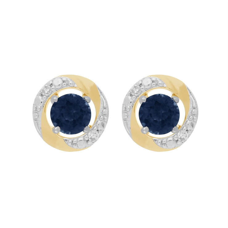 Boucles d'Oreilles Clou Saphir Bleu Classique Or Blanc 375 et Ear-Jacket Halo Diamant Or Jaune 375