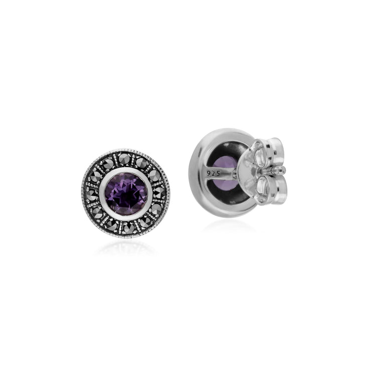 s Argent Sterling Rond Amethyst And Marcassite Grappe Boucles D'Oreilles Clous