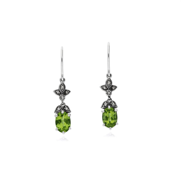 Peridot Boucles D'Oreilles, Argent Sterling Peridot & Marcassite Ovale Art Nouveau Boucles D'Oreilles Goutte