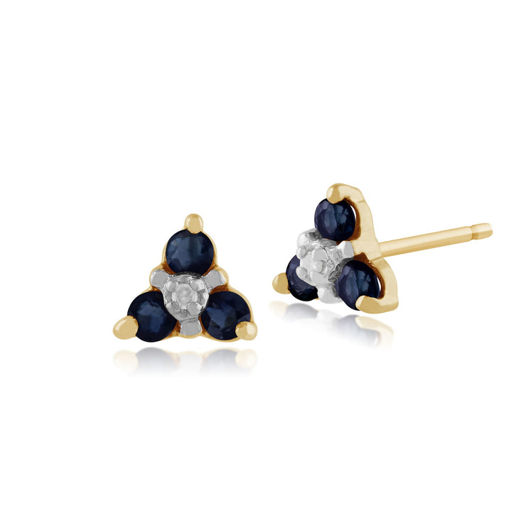 Boucles d'Oreilles Clou Floral Or Jaune 375 Saphir Rond et Diamant Style Cluster