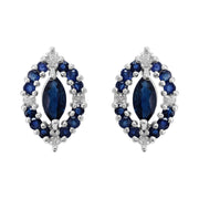 Pendentif et Boucles d'Oreilles Clou Carré Classique Argent 925 Saphir Marquise et Diamant Cluster