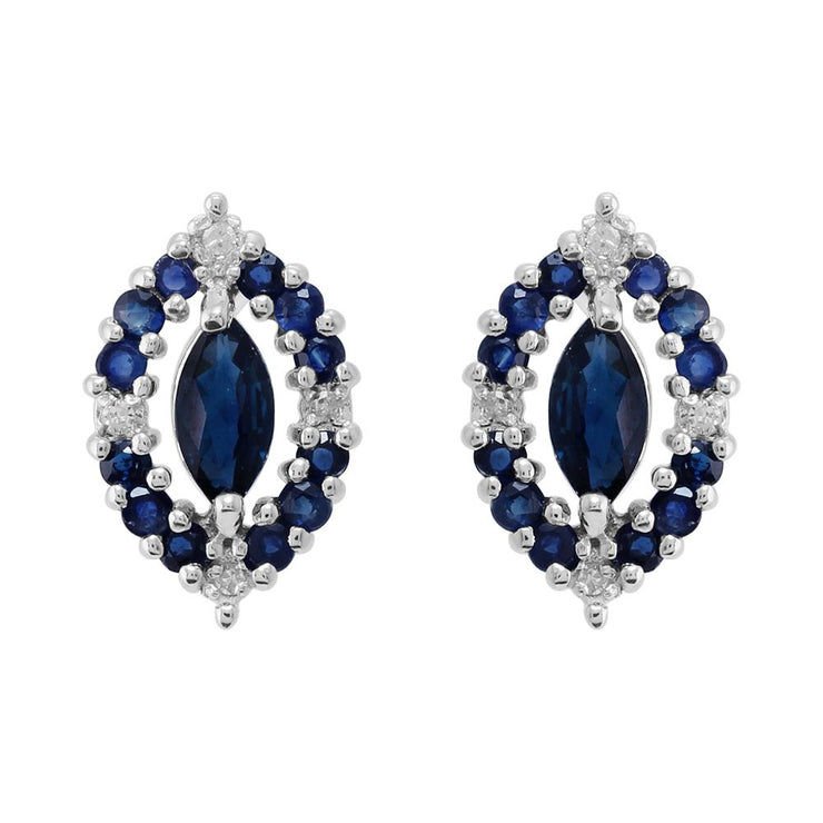 Pendentif et Boucles d'Oreilles Clou Carré Classique Argent 925 Saphir Marquise et Diamant Cluster