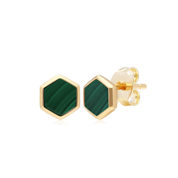 Boucles d'Oreilles Mini Clou Argent 925 Plaqué Or Malachite