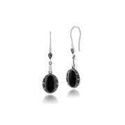 Boucles d'Oreilles Pendantes Style Art Déco Argent 925 Onyx Noire Ovale et Marcassite