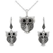 Pendentif et Boucles d'Oreilles Pendantes Chouette Style Art Nouveau Argent 925 Onyx Noir Ronde