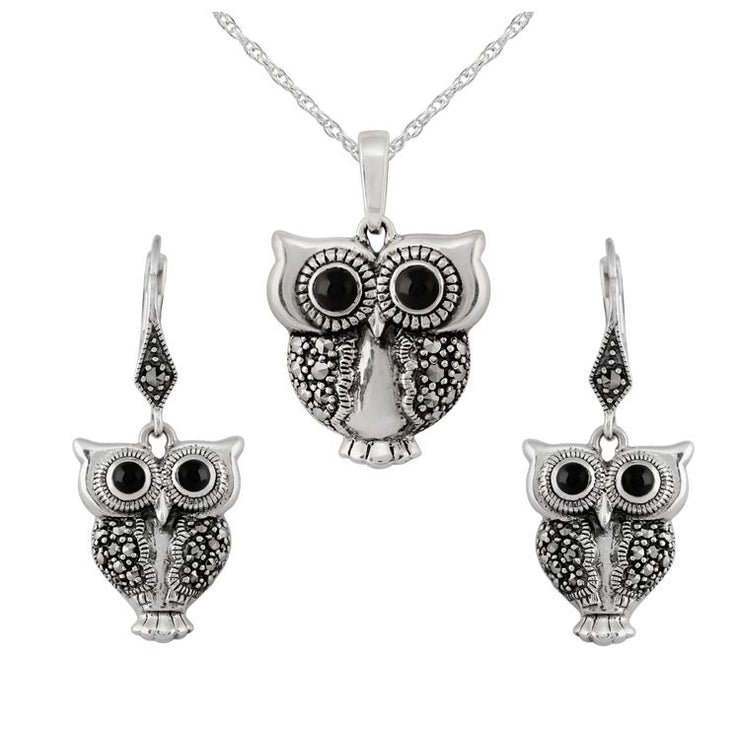 Pendentif et Boucles d'Oreilles Pendantes Chouette Style Art Nouveau Argent 925 Onyx Noir Ronde