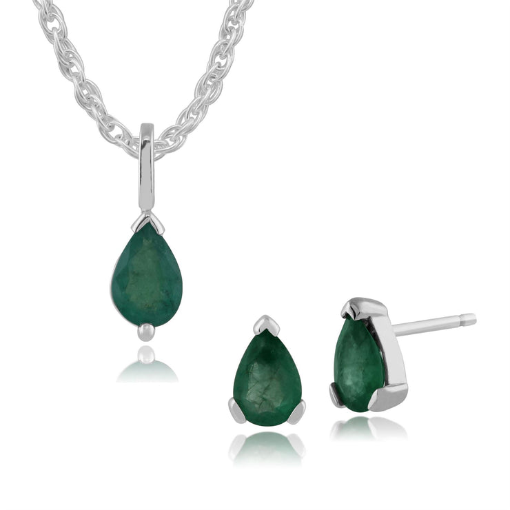 Pendentif et Boucles d'Oreilles Clou Classique Or Blanc 375 Emeraude Poire
