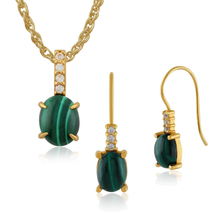Pendentif et Boucles d'Oreilles Pendantes Classique Argent 925 Plaqué Or Malachite Ovale et Topaze Blanche