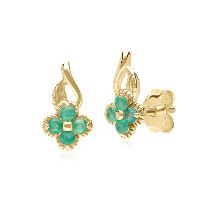 Boucles d'oreilles clou Floral Or jaune 375 avec Emeraude Ronde