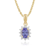 Pendentif et Boucles d'Oreilles Clou Classique Or Jaune 375 Tanzanite Ovale et Diamand Halo style Cluster