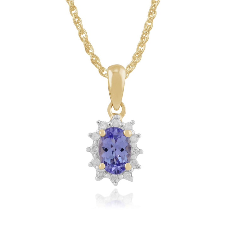 Pendentif et Boucles d'Oreilles Clou Classique Or Jaune 375 Tanzanite Ovale et Diamand Halo style Cluster