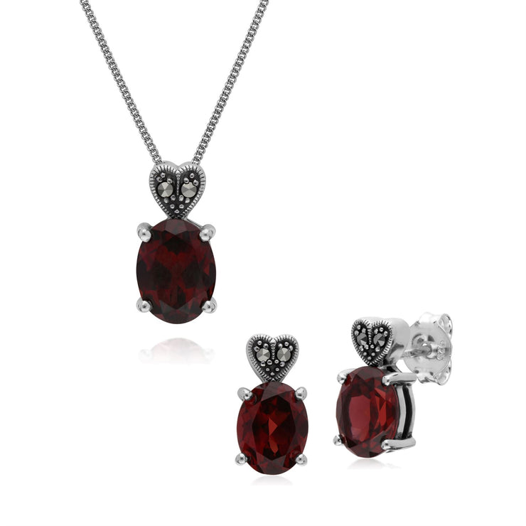 Pendentif et Boucles d'Oreilles Clou Style Art Déco Argent 925 Grenat Oval et Marcassite