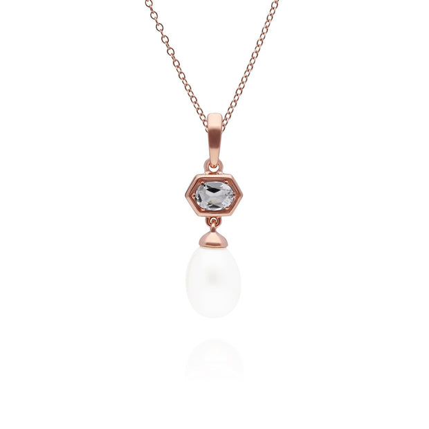 Pendentif Moderne Perle Argent 925 Plaqué Or Rose Perle et Topaze Blanche Hexagonal