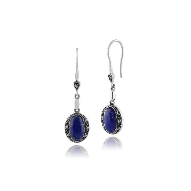 Boucles d'Oreilles Pendantes Style Art Déco Argent 925 Lapis Lazuli Cabochon Oval et Marcsssite