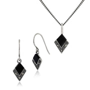 Collier et Boucles d'Oreilles Cerf Pendantes Volant Style Art Déco Argent 925 Onyx Noire et Marcassite