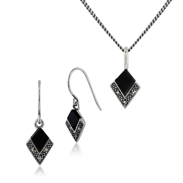Collier et Boucles d'Oreilles Cerf Pendantes Volant Style Art Déco Argent 925 Onyx Noire et Marcassite