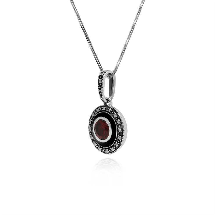 Pendentif Style Art Déco Argent 925 Grenat Rond, Marcassite et Email Noir