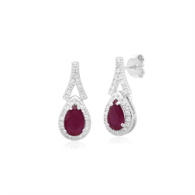 Boucles d'Oreilles Larme Pendantes Or Blanc 375 Rubis et Diamant