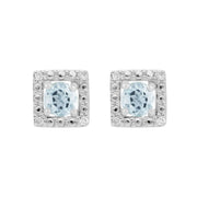 Boucles d'Oreilles Clou Aigue-Marine Classique Or Blanc 375 et Ear-Jacket Carré Diamant