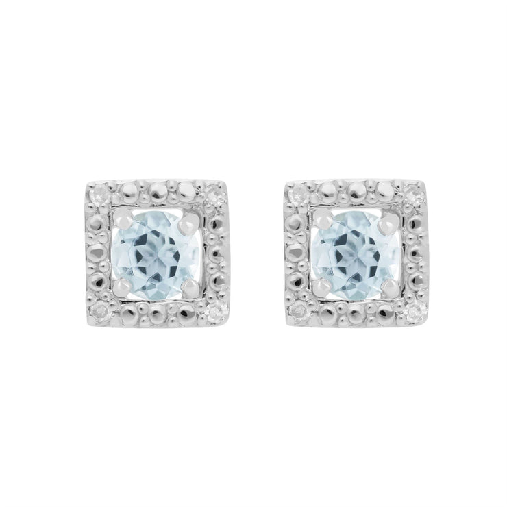 Boucles d'Oreilles Clou Aigue-Marine Classique Or Blanc 375 et Ear-Jacket Carré Diamant
