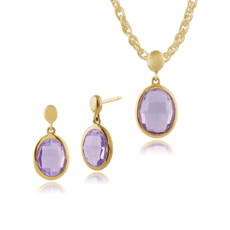 Pendentif et Boucles d'Oreilles Pendantes Classique Or Jaune 375 Améthyste Ovale serti Clos