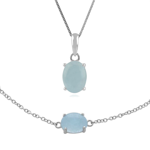 Pendentif et Bracelet Classique Argent 925 Aigue-Marine Opaque Oval