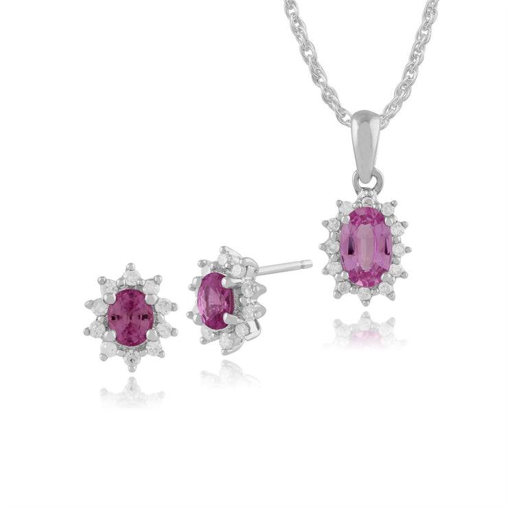 Pendentif et Boucles d'Oreilles Clou Classique Or Blanc 375 Saphir Rose Oval et Diamant Cluster