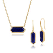 Pendentif et Boucles d'Oreilles Pendantes Géométrique Argent 925 Plaqué Or Lapis Lazuli Prisme Hexagonal