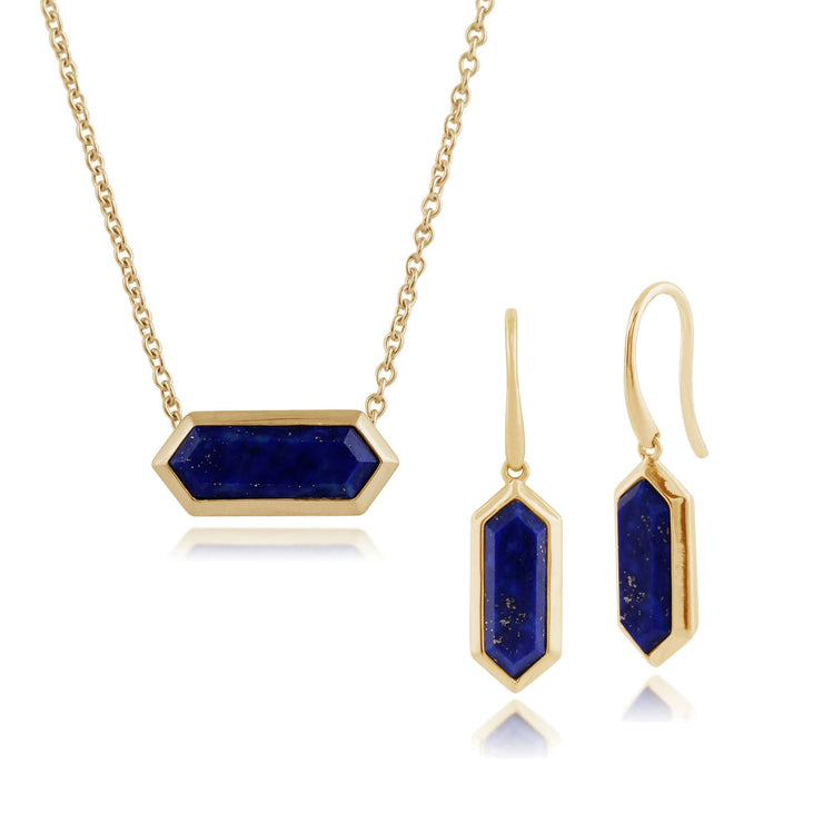 Pendentif et Boucles d'Oreilles Pendantes Géométrique Argent 925 Plaqué Or Lapis Lazuli Prisme Hexagonal