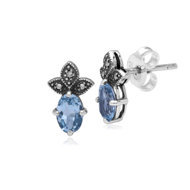 Boucles d'Oreilles Clou Classique Argent 925 Topaze Bleue Ovale et Marcassite