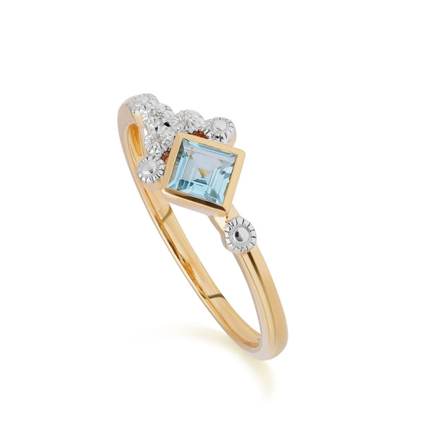 Bague Contemporaine Or Jaune 375 Topaze Bleue et Diamant