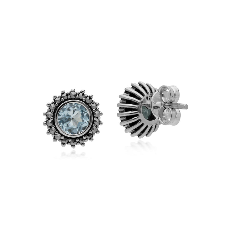 Topaze Boucles D'Oreilles, Argent Sterling Topaze Bleu & Marcassite Novembre Art Nouveau Boucles D'Oreilles